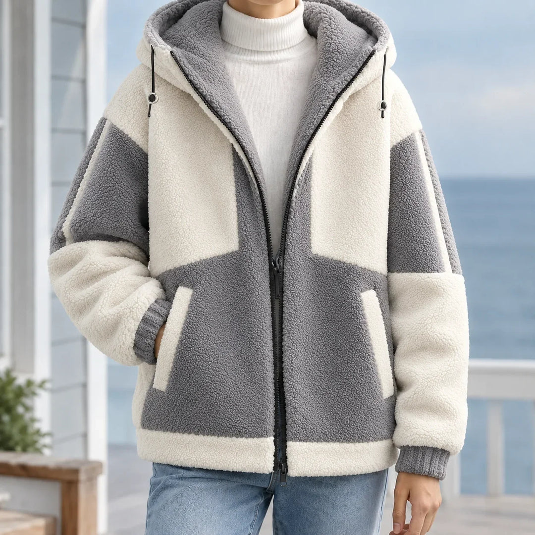 Men's sherpa jacket in beige, colour block zip up fleece
