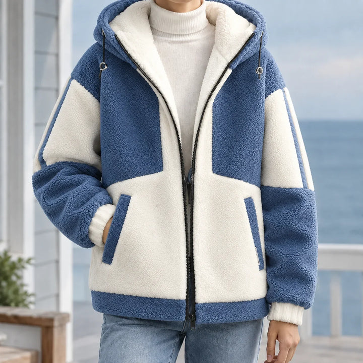 Men's sherpa jacket in blue, colour block zip up fleece
