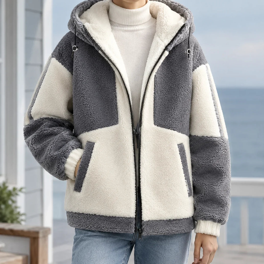 Men's sherpa jacket in grey, colour block zip up fleece