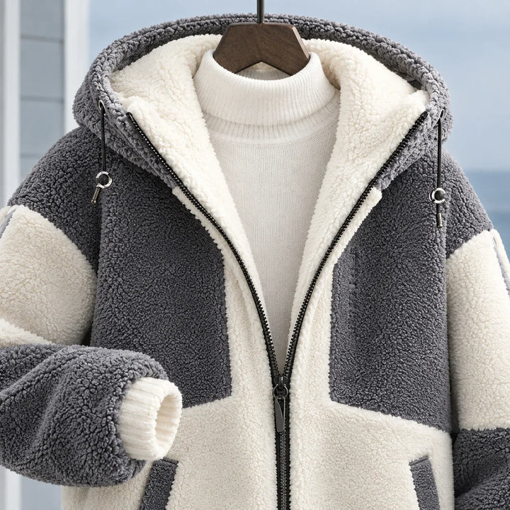 Men's sherpa jacket, colour block zip up fleece, view 1