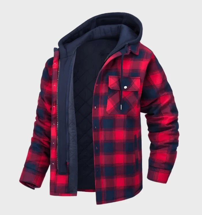 Men's shirt jacket in red, check quilted lining shacket