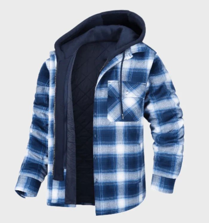 Men's shirt jacket in sky blue, check quilted lining shacket