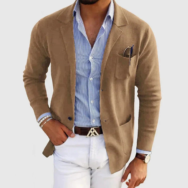 Men's knitted blazer in beige, casual notch lapel patch pocket