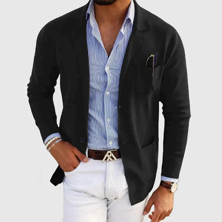 Men's knitted blazer in black, casual notch lapel patch pocket