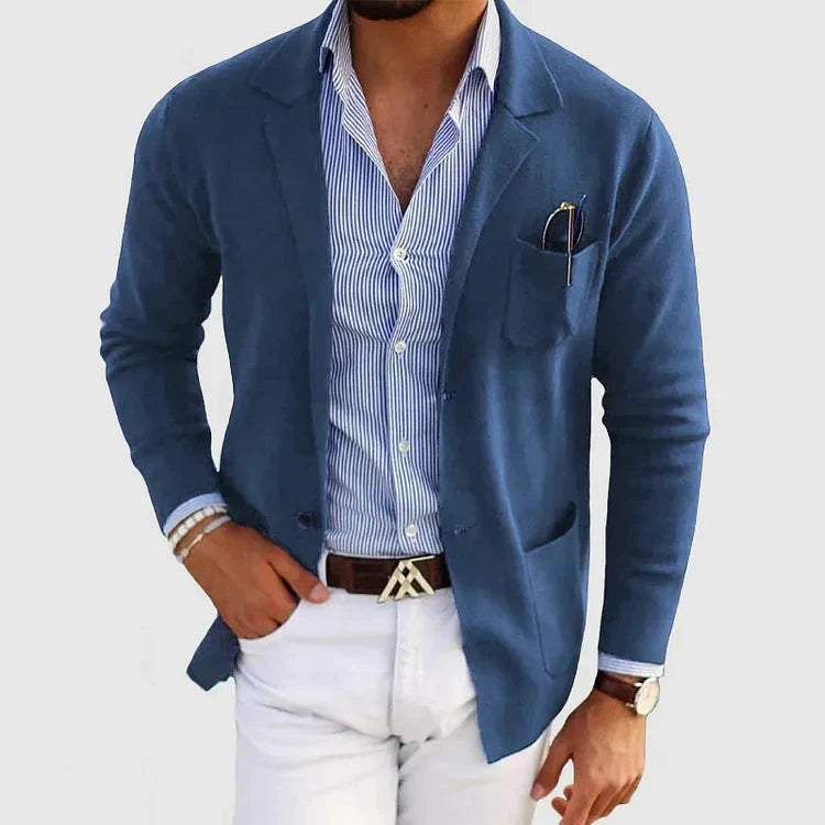 Men's knitted blazer in blue, casual notch lapel patch pocket