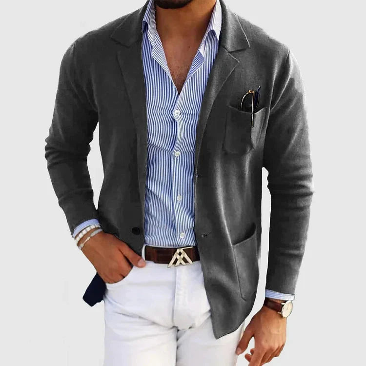 Men's knitted blazer in dark grey, casual notch lapel patch pocket