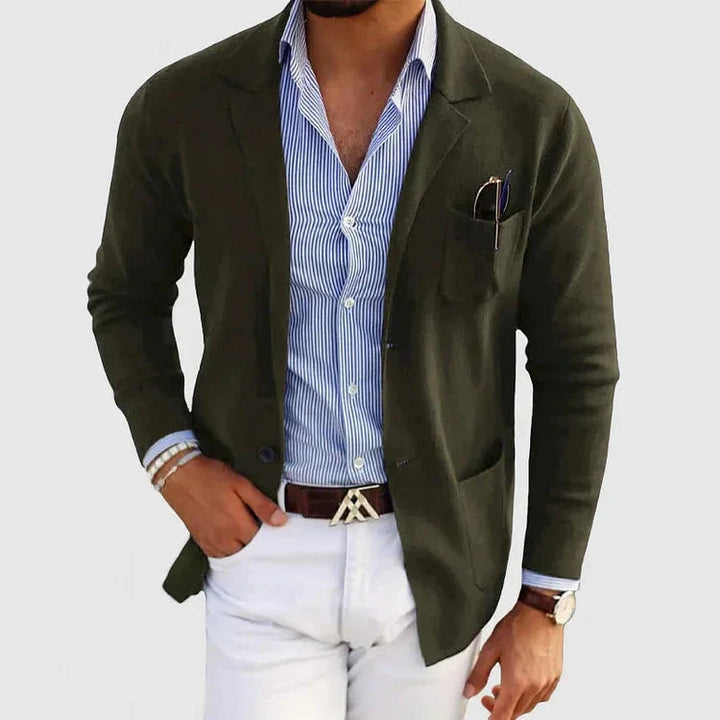 Men's knitted blazer in green, casual notch lapel patch pocket