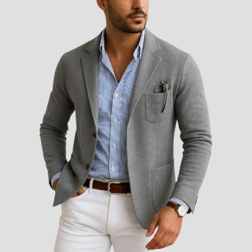 Men's knitted blazer in grey, casual notch lapel patch pocket