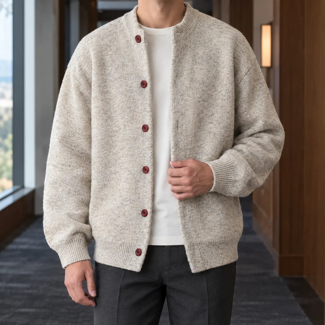 Men's knitted cardigan in beige, button front crew neck bomber