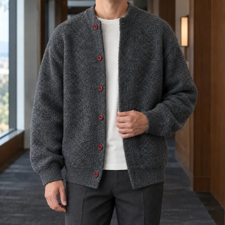 Men's knitted cardigan in dark grey, button front crew neck bomber