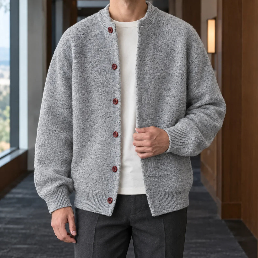 Men's knitted cardigan in light grey, button front crew neck bomber