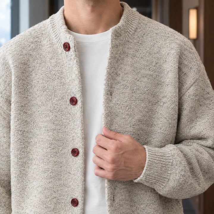 Men's knitted cardigan, button front crew neck bomber, view 1