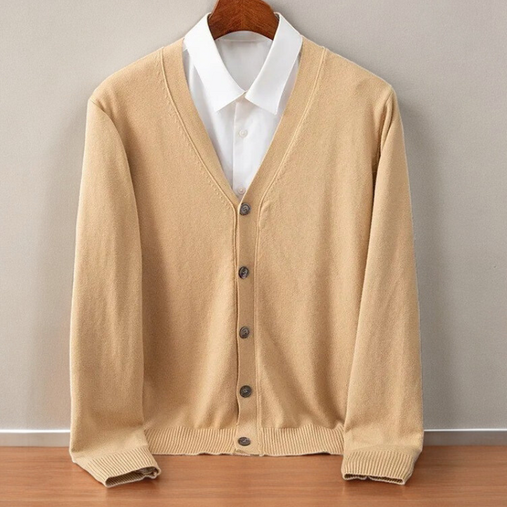Men's knitted cardigan in camel, V neck button front with ribbed hem