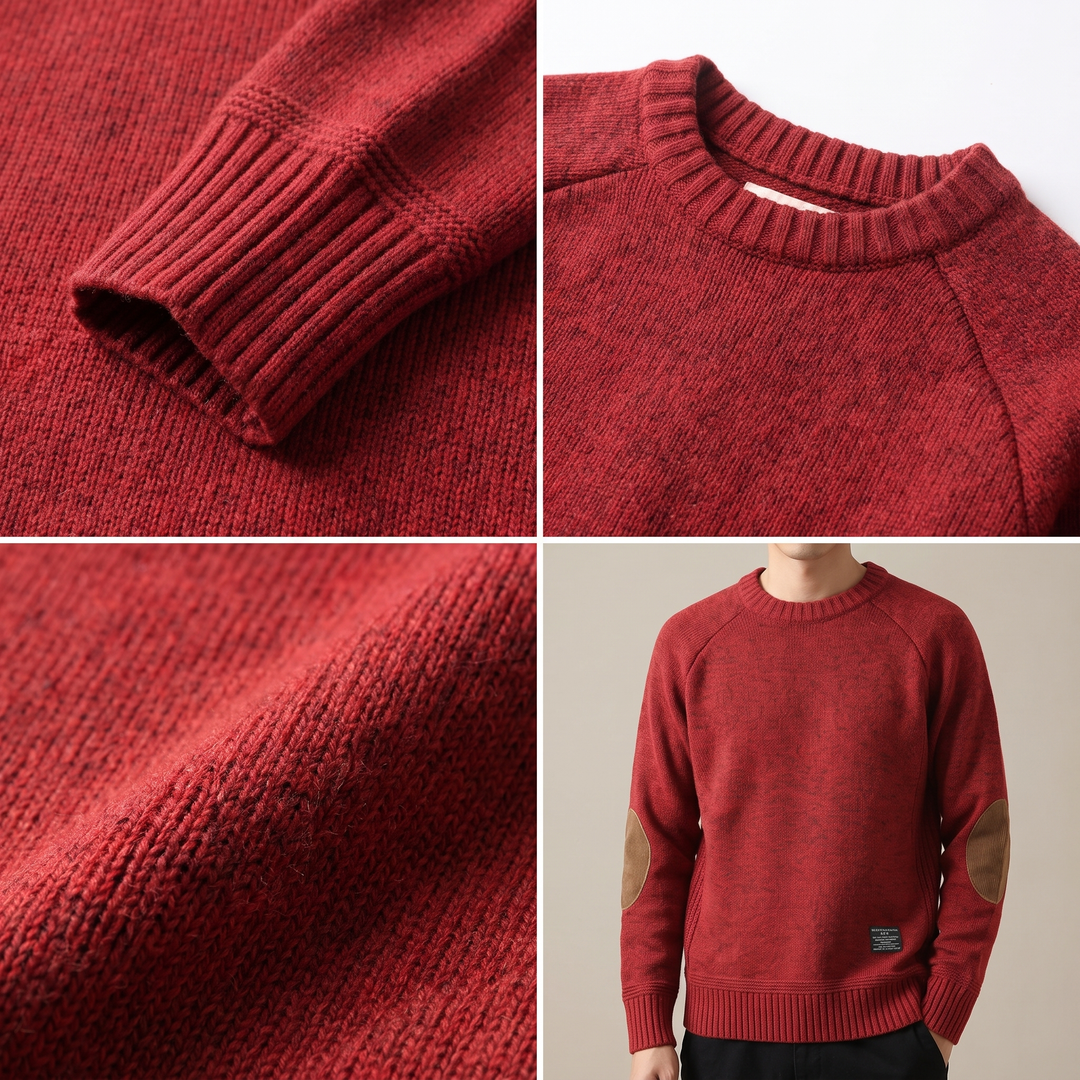 Collage of the red jumper showing ribbed cuff, neckline and knit texture