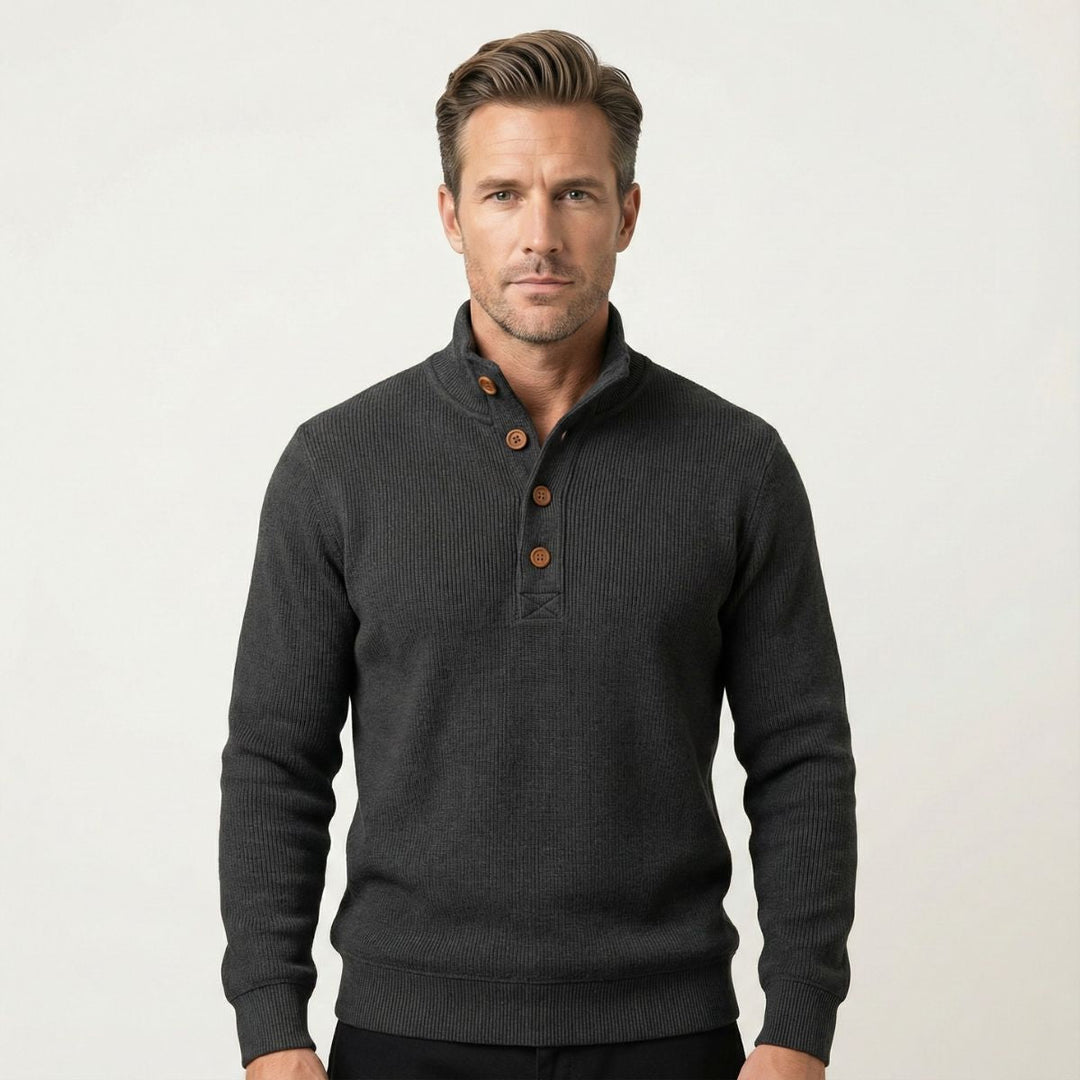 Men's knitted jumper in charcoal grey, button mock neck with ribbed cuffs