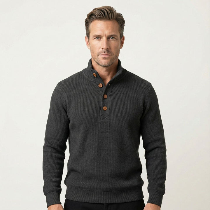 Men's knitted jumper in charcoal grey, button mock neck with ribbed cuffs