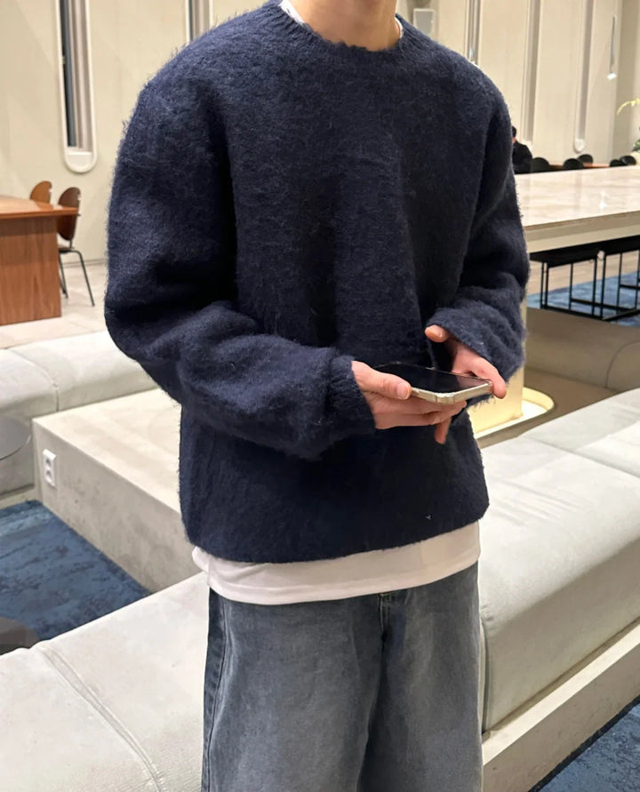 Men's knitted jumper, textured crew neck relaxed, view 2
