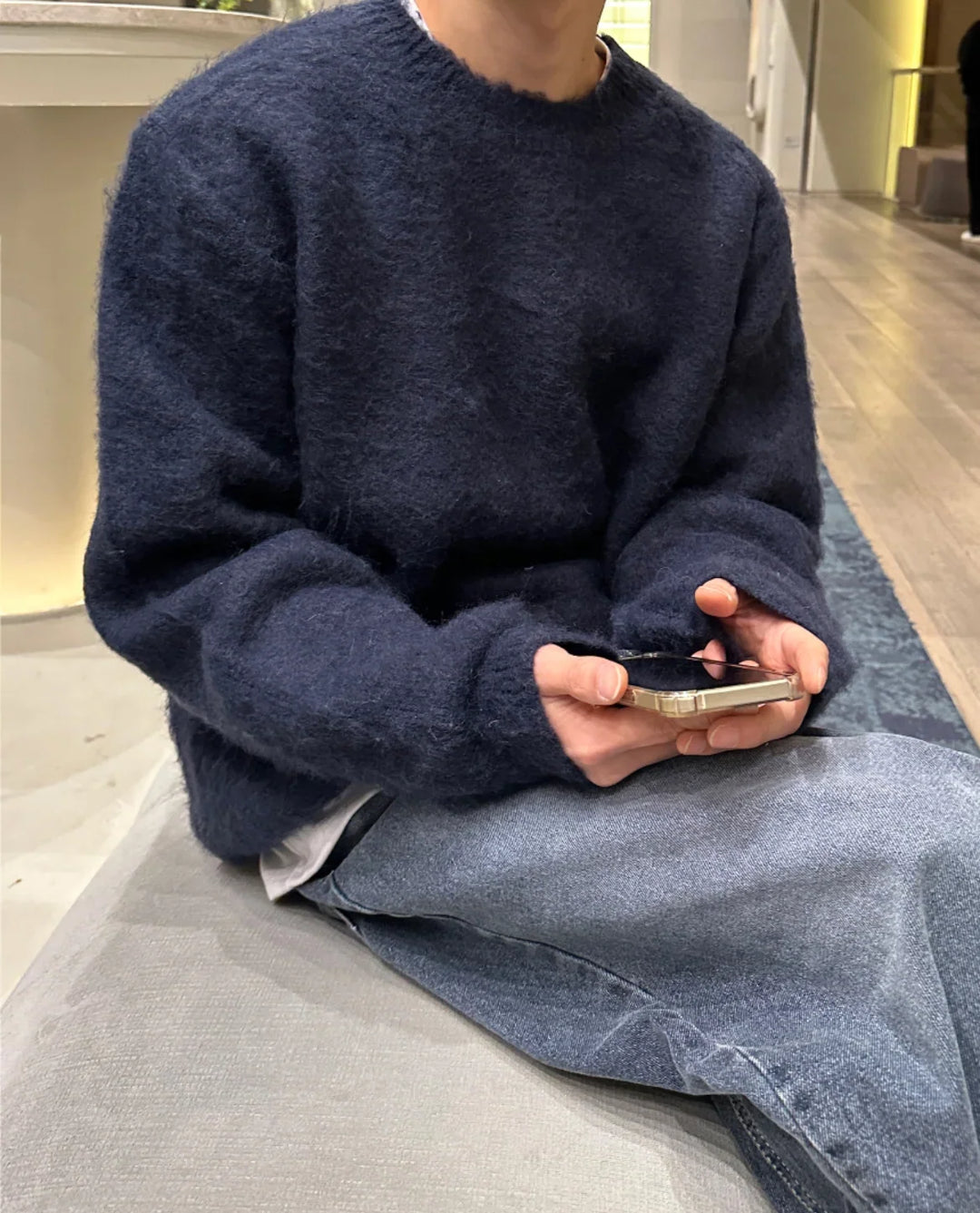 Men's knitted jumper, textured crew neck relaxed, view 3