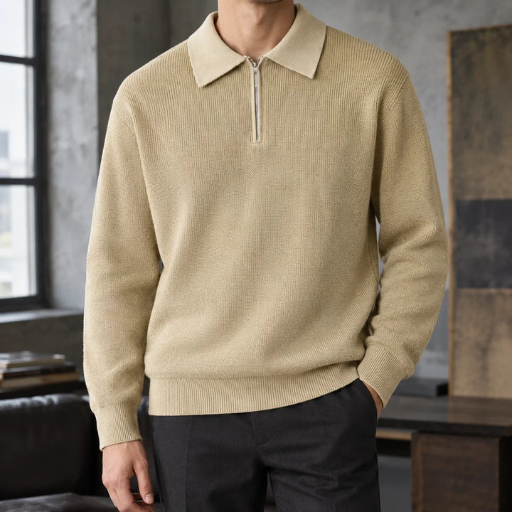 Men's knitted polo in apricot, half zip collared long sleeve