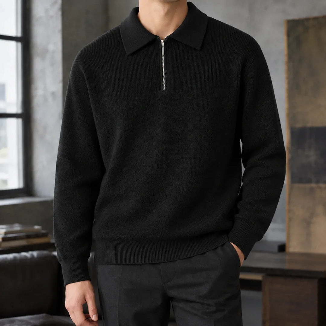 Men's knitted polo in black, half zip collared long sleeve