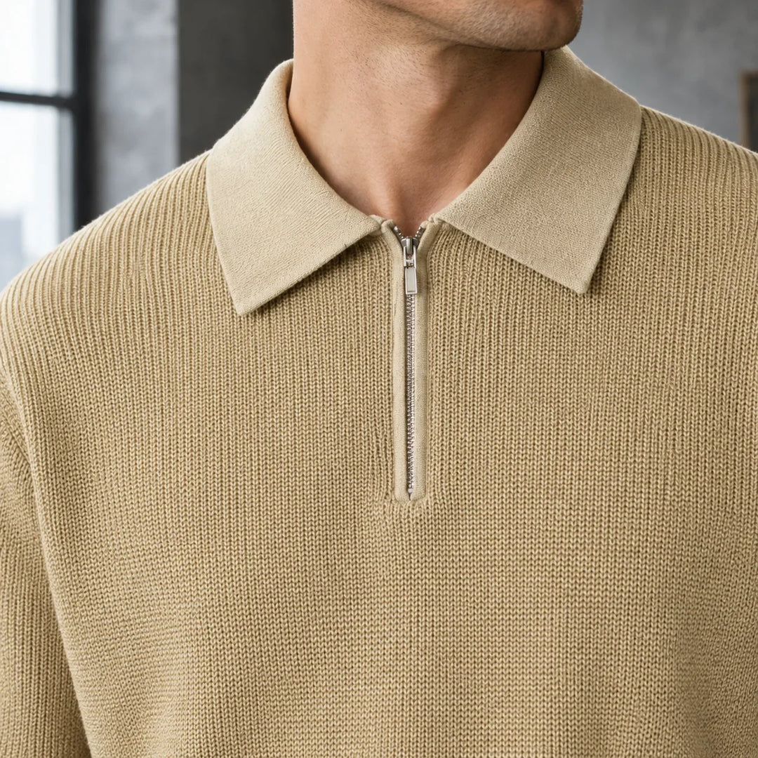 Men's knitted polo, half zip collared long sleeve, view 1