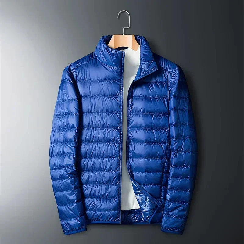 Royal blue lightweight puffer jacket with horizontal quilting