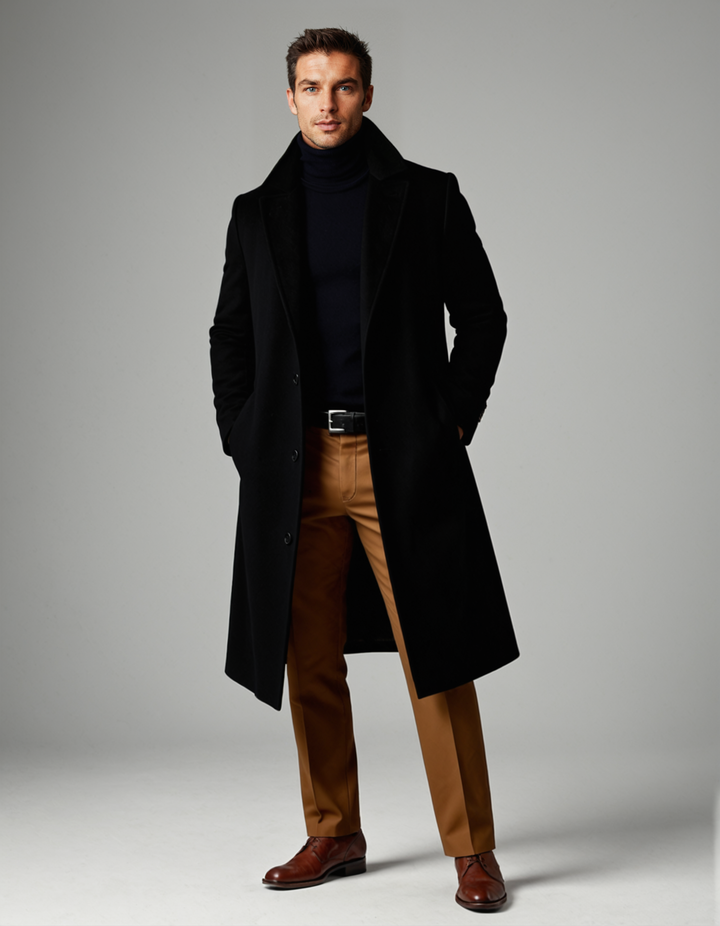 Black long overcoat worn with tan trousers and brown shoes