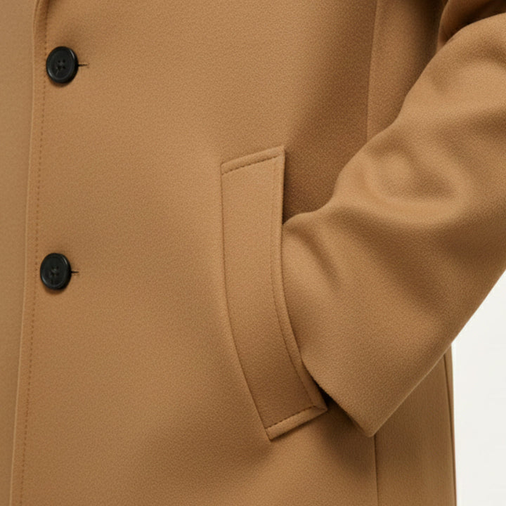 Detail of the camel flap pocket and front buttons