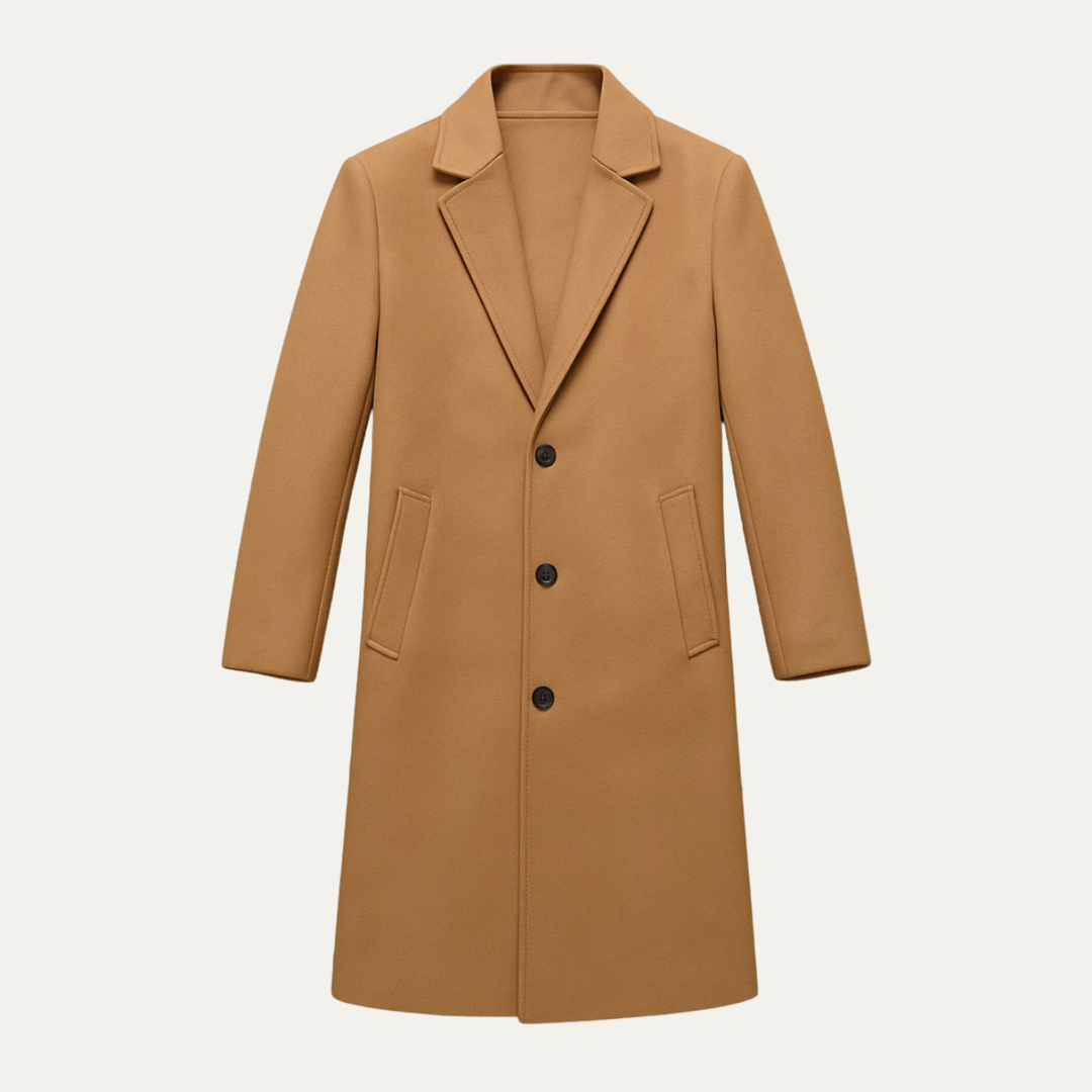 Camel overcoat laid flat with flap pockets and notch lapels