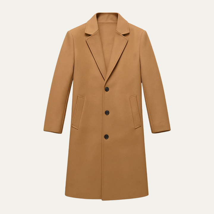 Camel overcoat laid flat with flap pockets and notch lapels