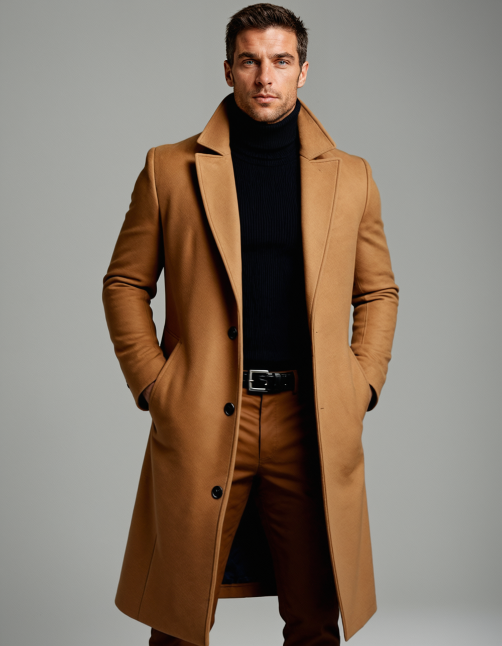 Man wearing the camel overcoat over a black roll neck