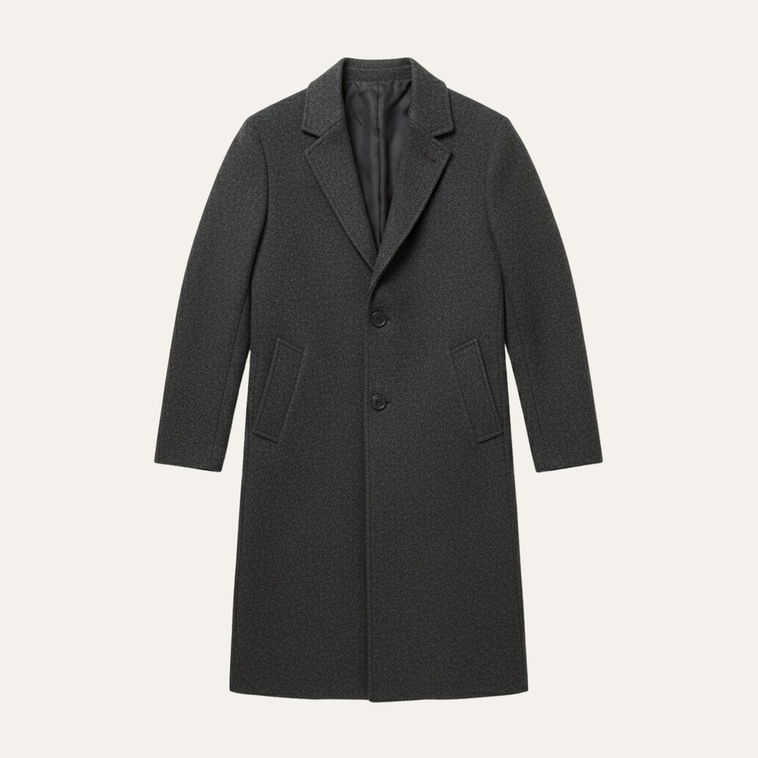 Charcoal grey overcoat laid flat showing the three button front