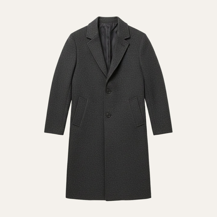 Charcoal grey overcoat laid flat showing the three button front