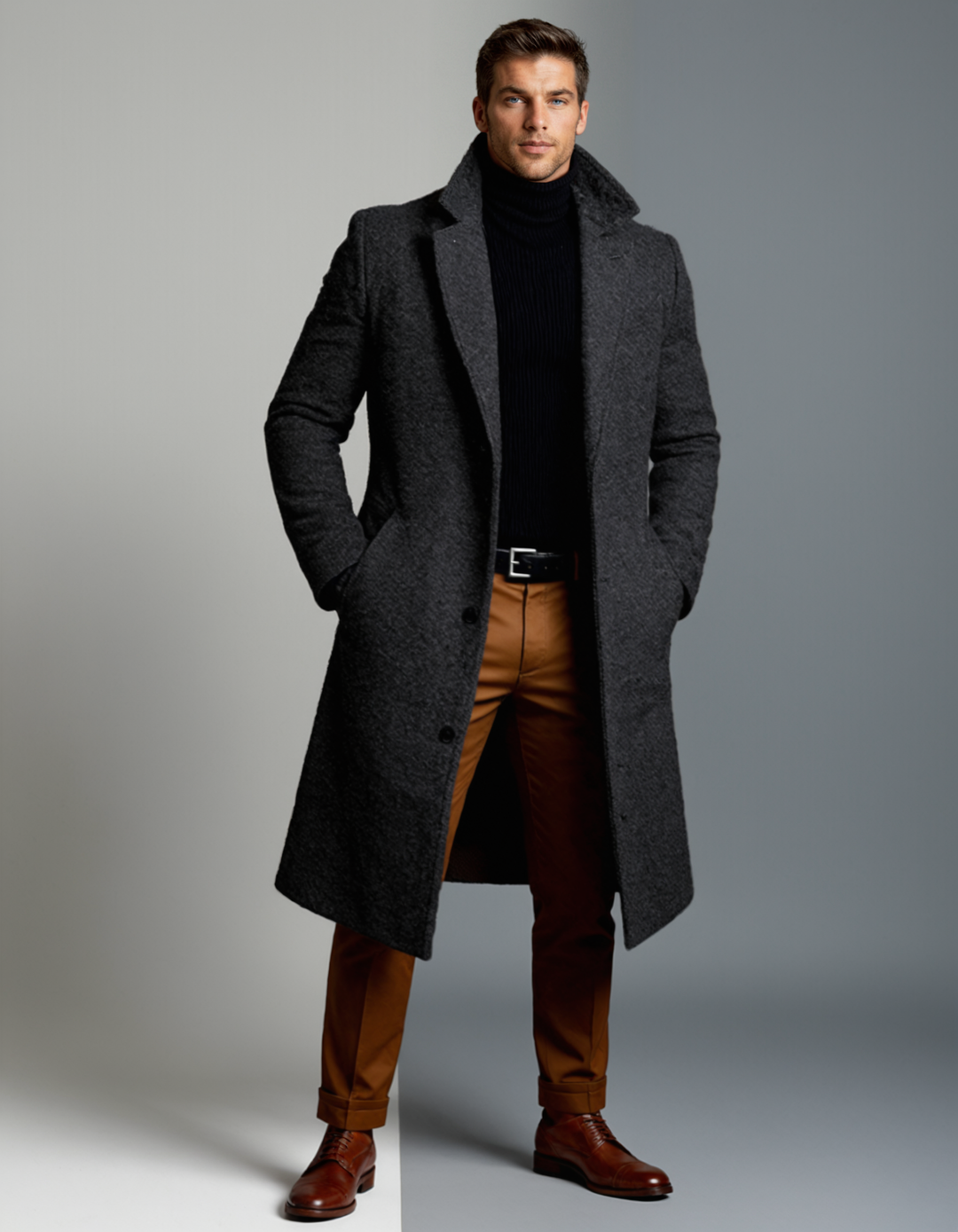 Men's long overcoat in charcoal grey, single breasted with notch lapel