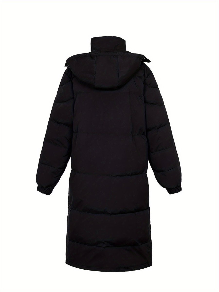 Back view of the black long puffer coat with hood