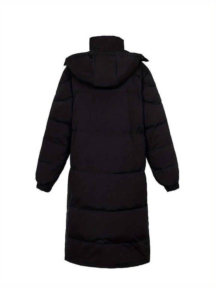 Back view of the black long puffer coat with hood