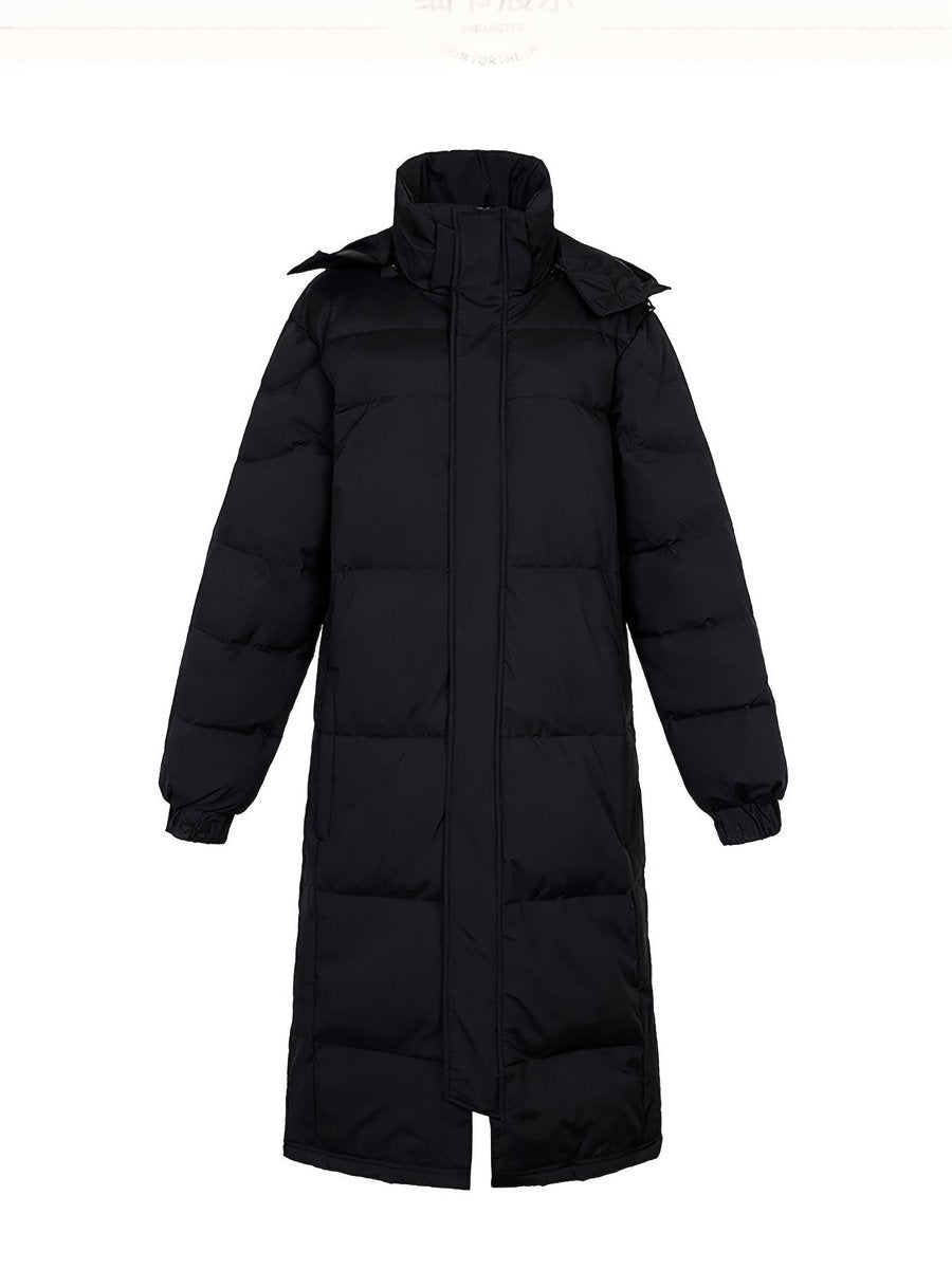 Black long puffer coat laid out with the hood and full length visible