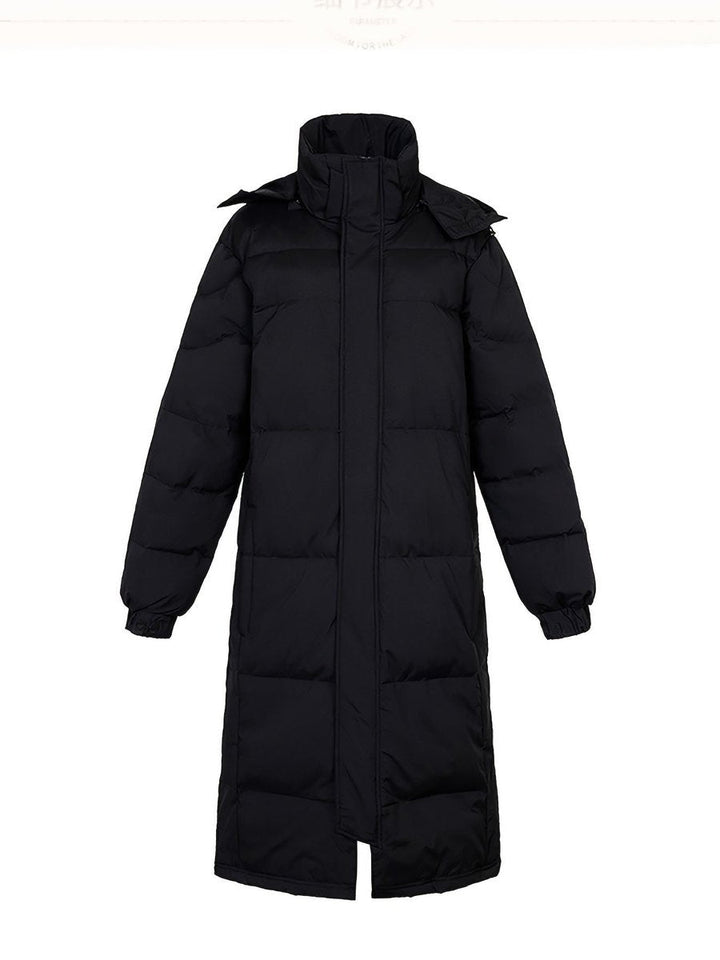 Black long puffer coat laid out with the hood and full length visible