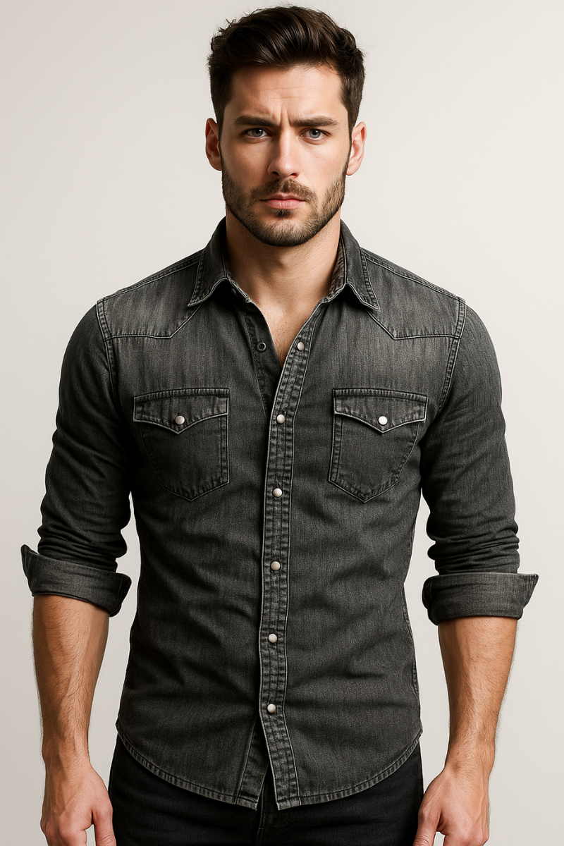 Men's denim shirt in black, western chest pocket snap button