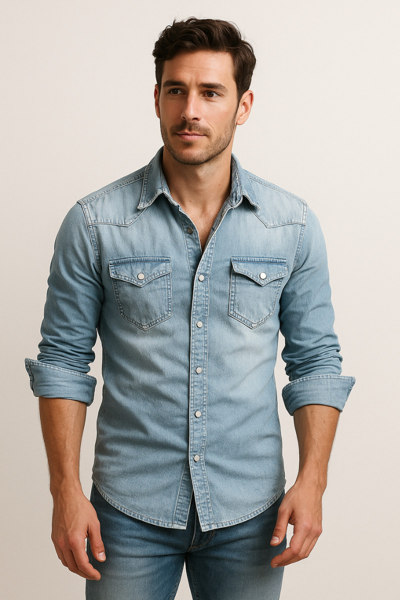 Men's denim shirt in light blue, western chest pocket snap button
