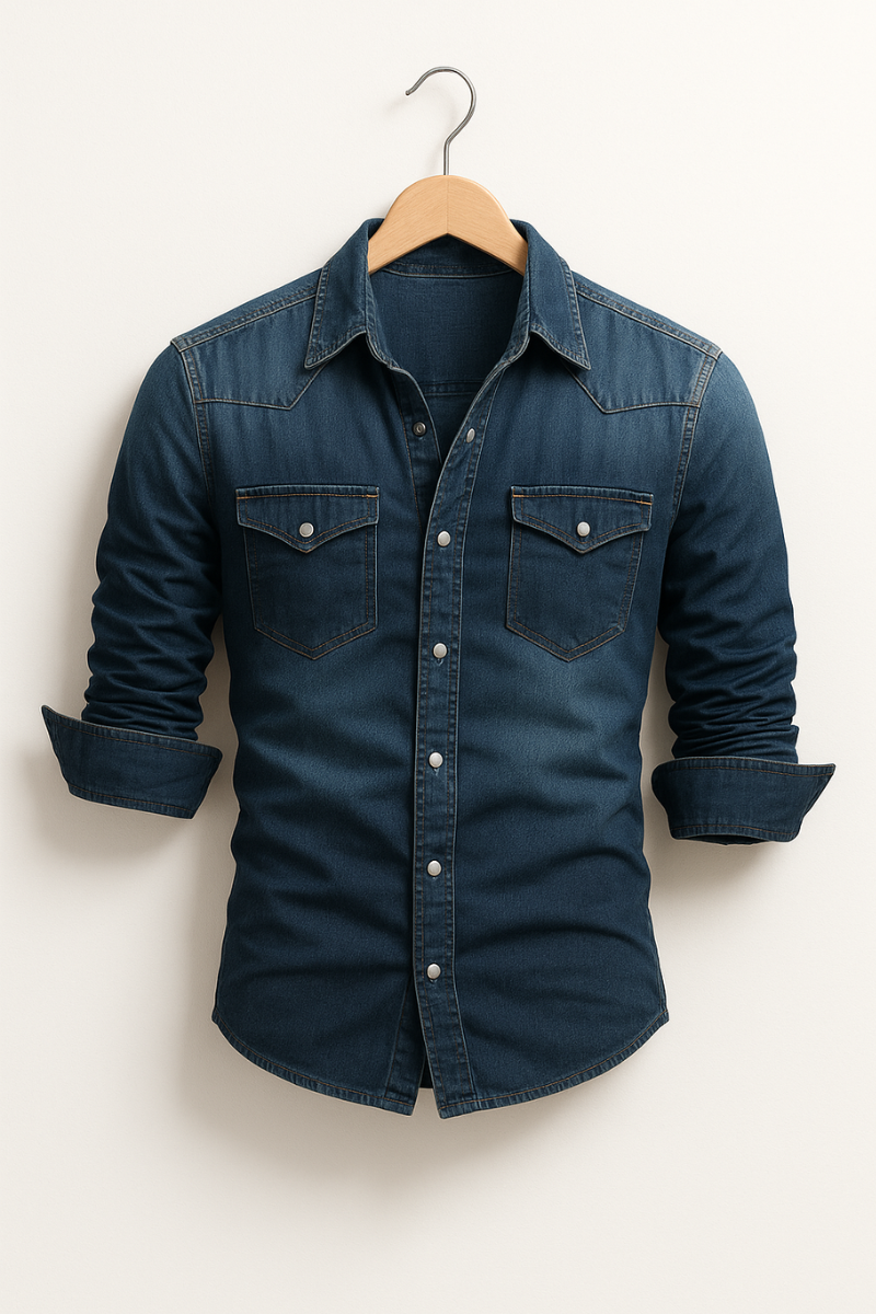 Men's denim shirt, western chest pocket snap button, view 2