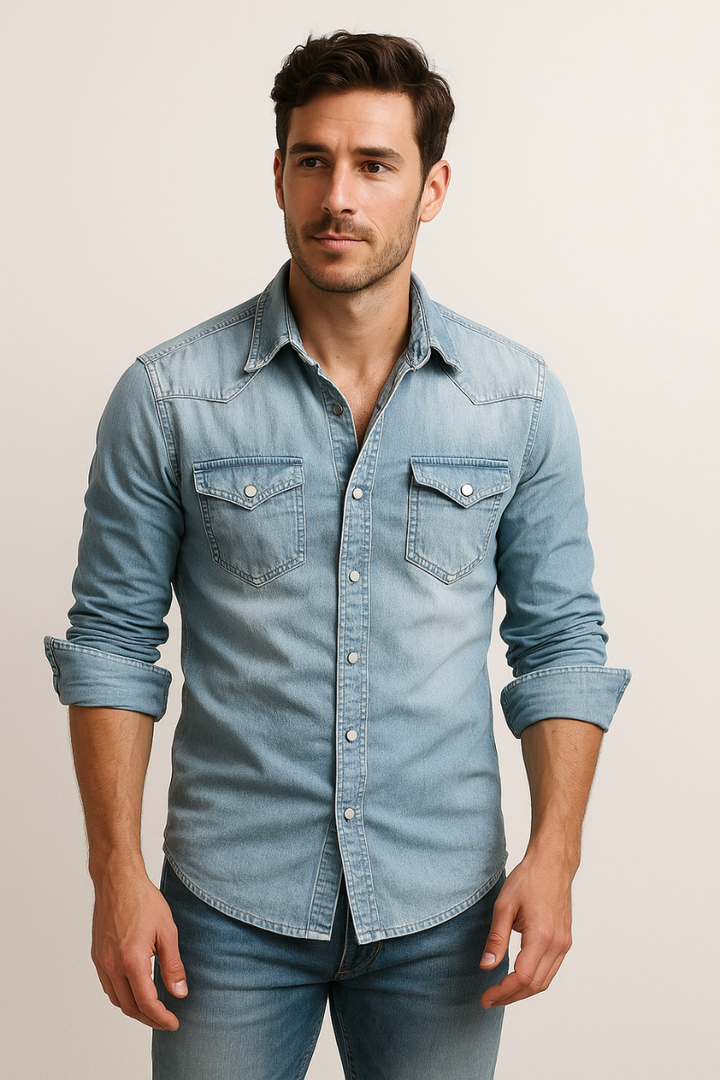 Men's denim shirt, western chest pocket snap button, view 3