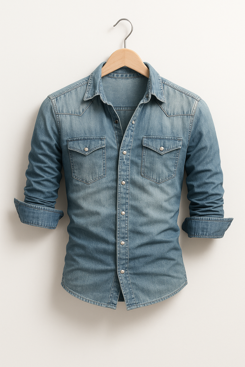 Men's denim shirt, western chest pocket snap button, view 4