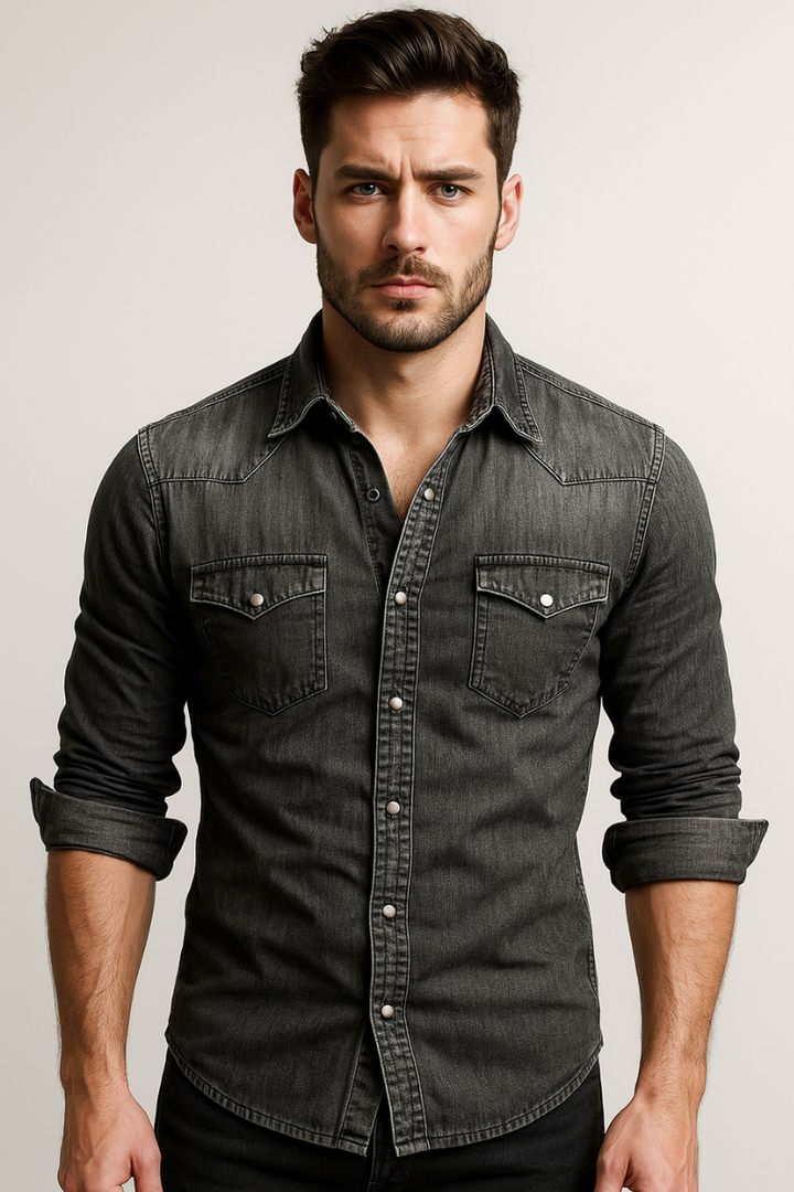 Men's denim shirt, western chest pocket snap button, view 5