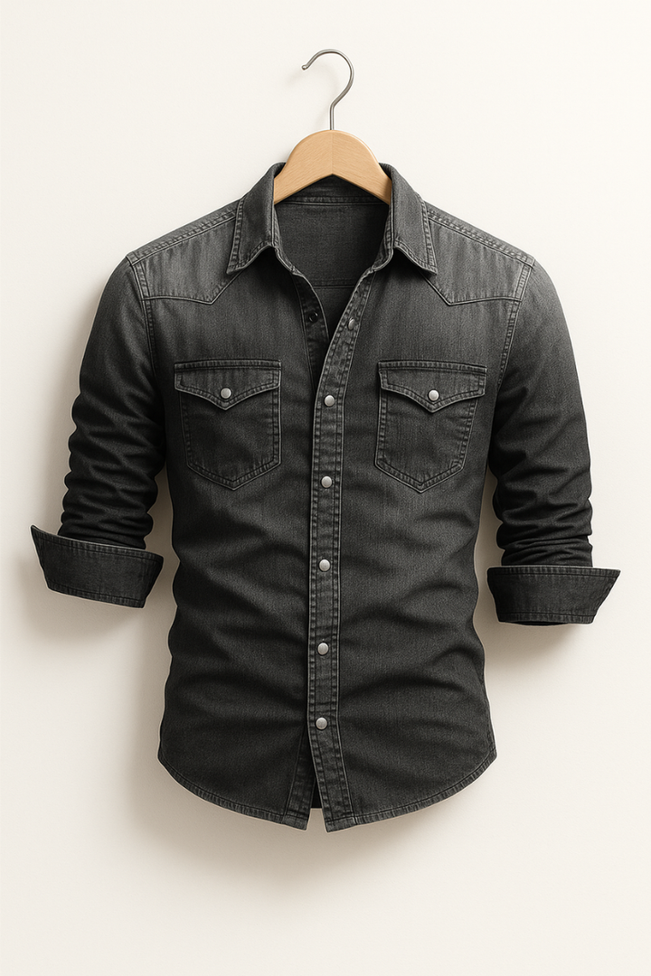Men's denim shirt, western chest pocket snap button, view 6