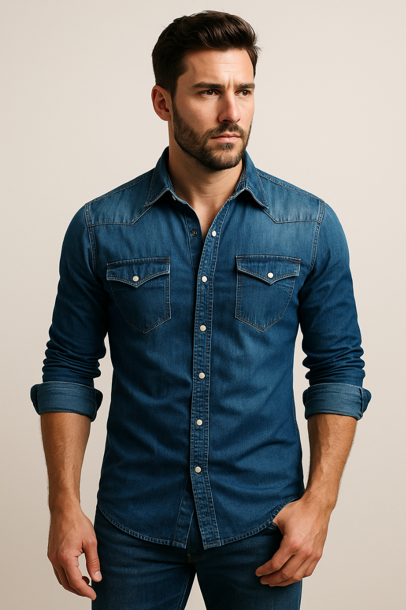 Men's denim shirt, western chest pocket snap button, view 1