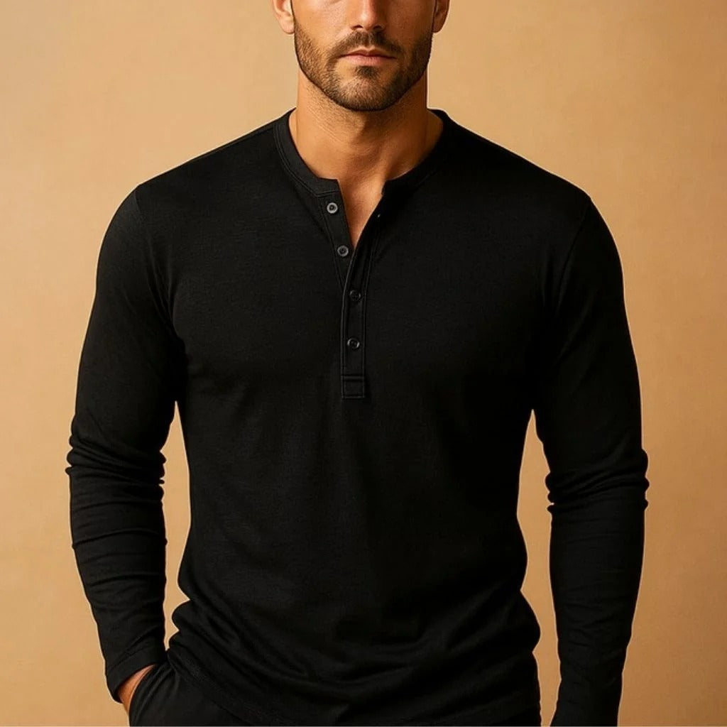 Men's henley top in black, button placket slim fit