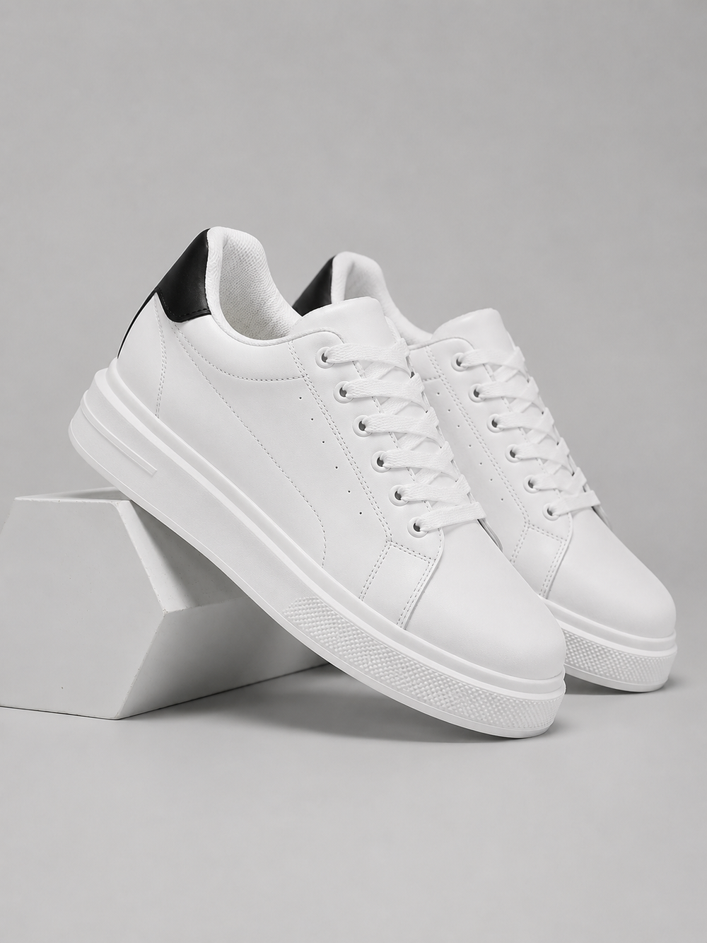 Men's platform trainers, lace up white trainers, view 1
