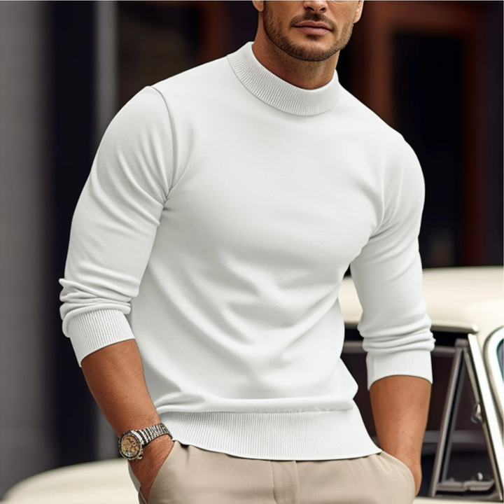 Men's mock neck jumper in white, slim fit fine knit turtleneck