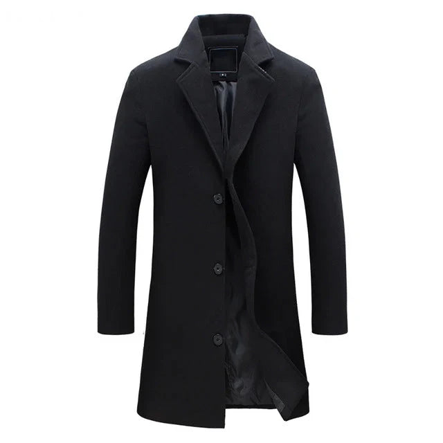 Men's overcoat in black, single breasted notch lapel longline